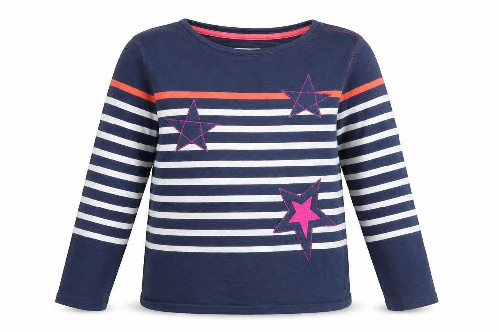 Front view of White Stuff girls’ blue striped long sleeve star t-shirt 9-10 years