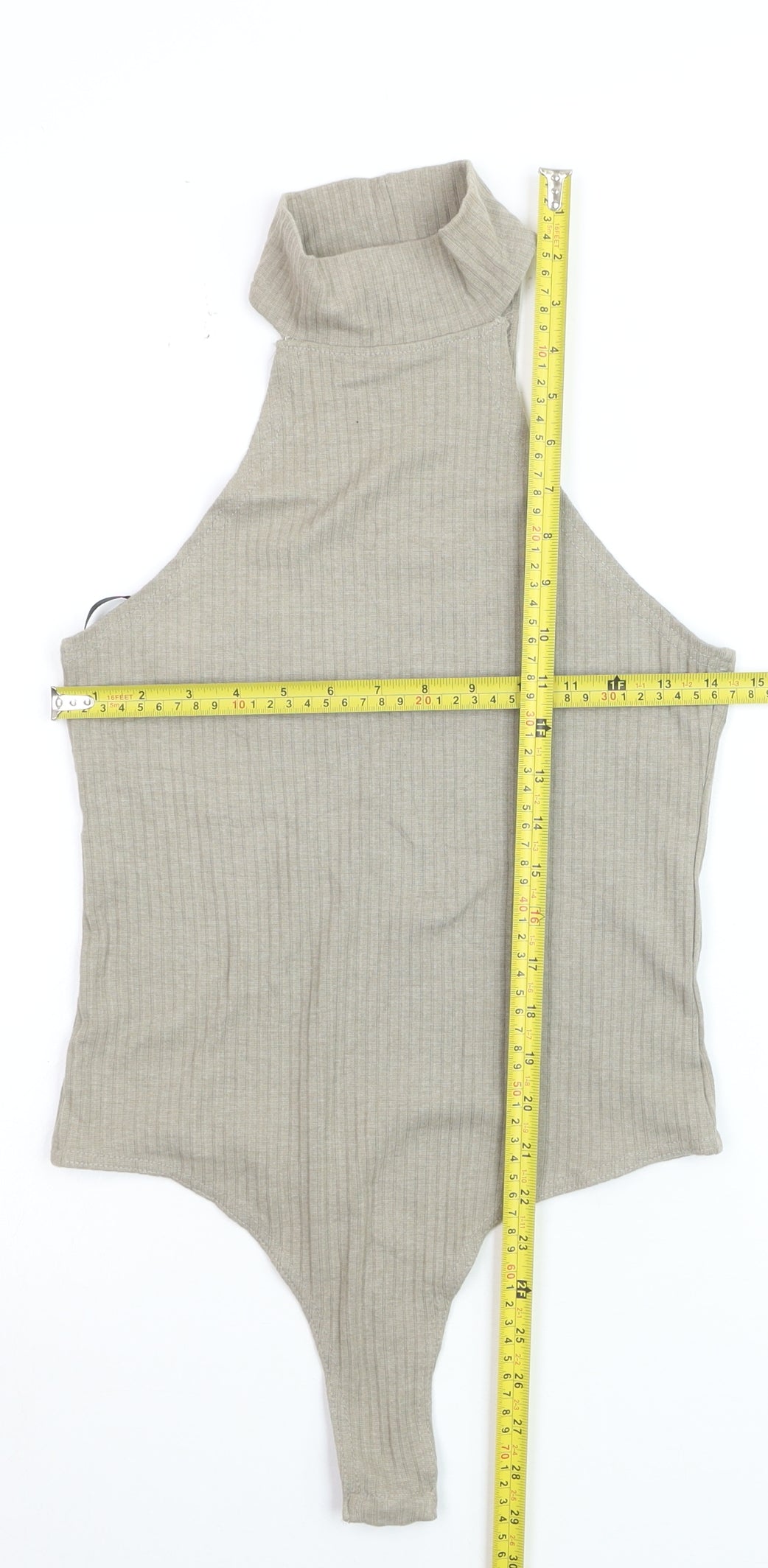 Missguided Women’s Beige High Neck Ribbed Bodysuit Size 12