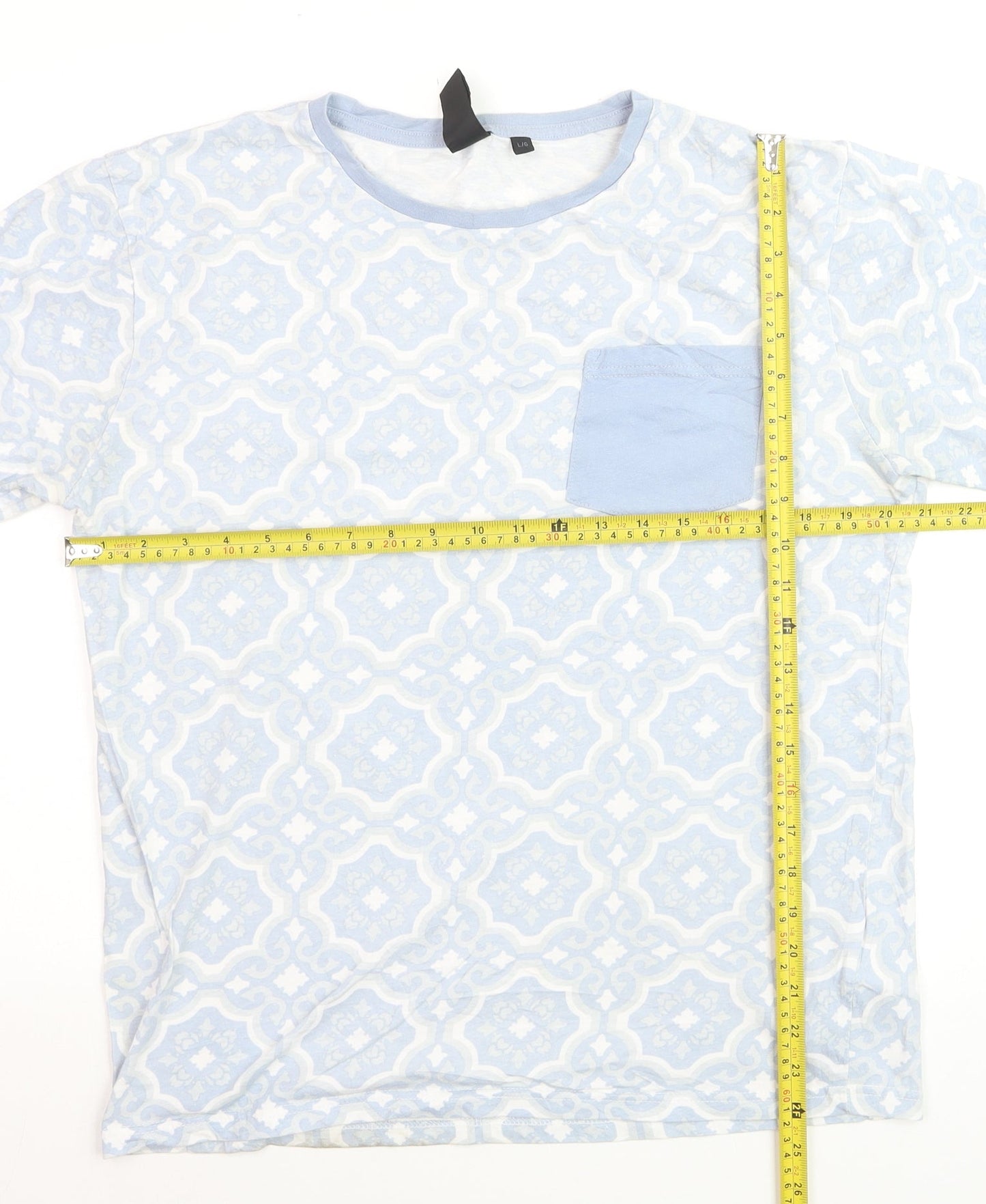 Soul Star Men's Blue Geometric Crew Neck Cotton T-Shirt Size L
