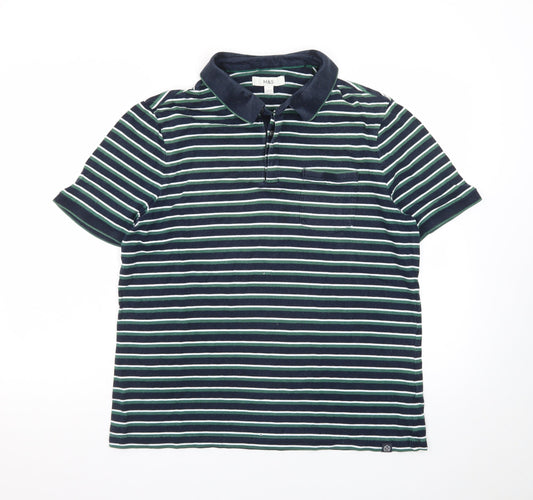 Marks and Spencer Men's Blue Striped Cotton Polo Shirt L
