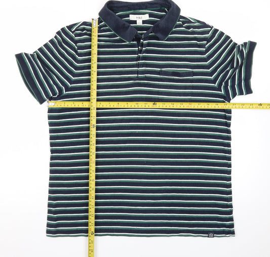 Marks and Spencer Men's Blue Striped Cotton Polo Shirt L