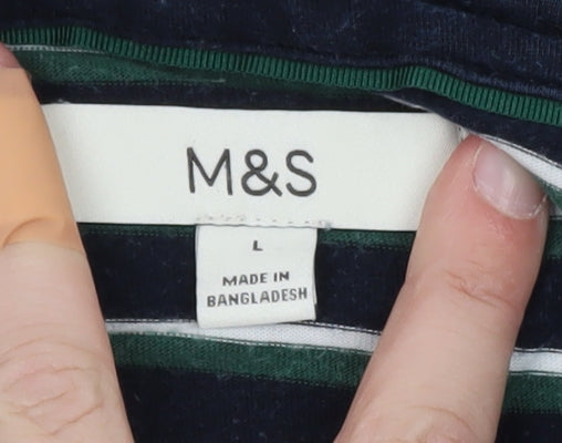 Marks and Spencer Men's Blue Striped Cotton Polo Shirt L