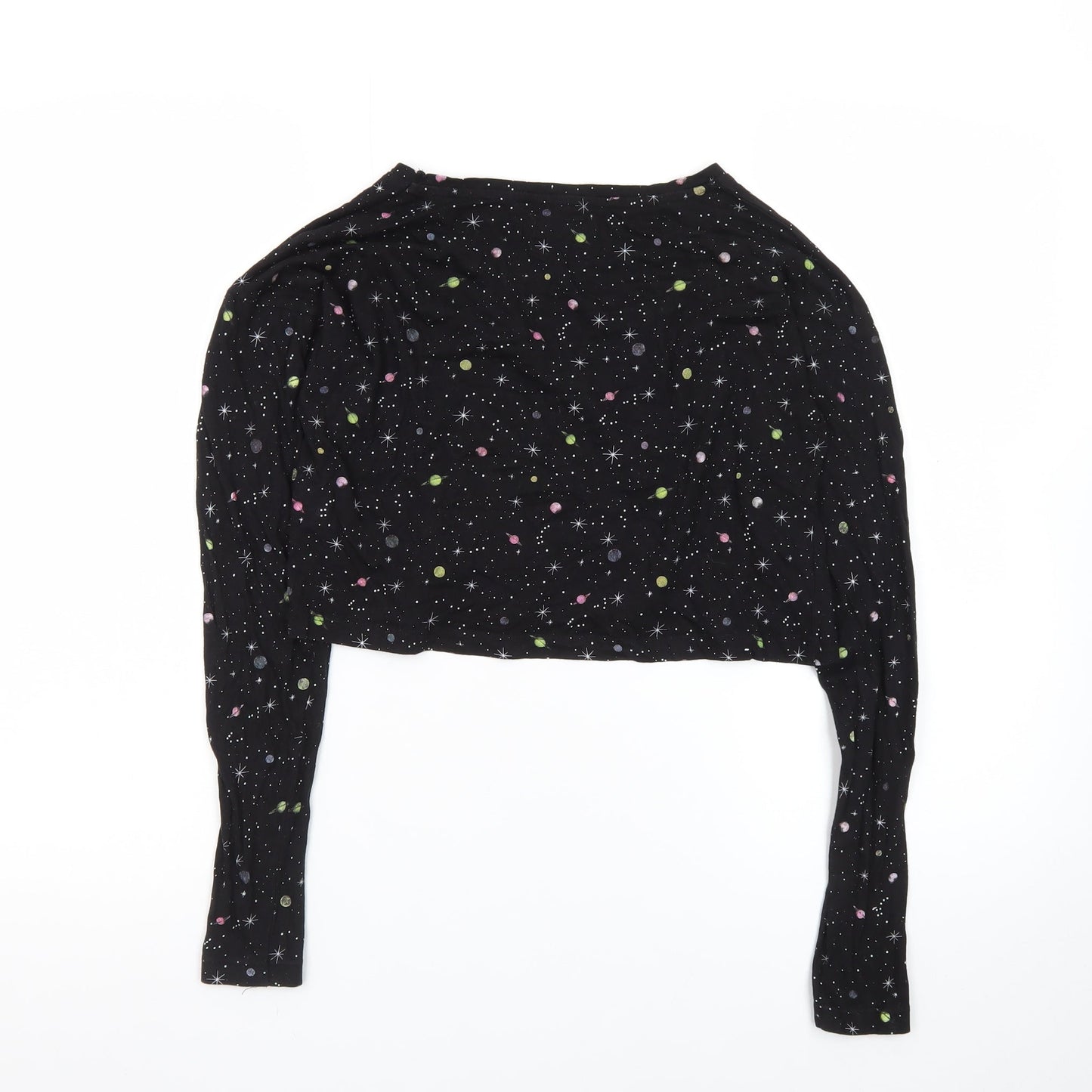 Brave Soul Women's Black Space Print Cropped Long Sleeve T-Shirt Size S