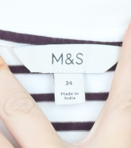 Marks and Spencer Women's White Striped Long Sleeve T-Shirt Size 24