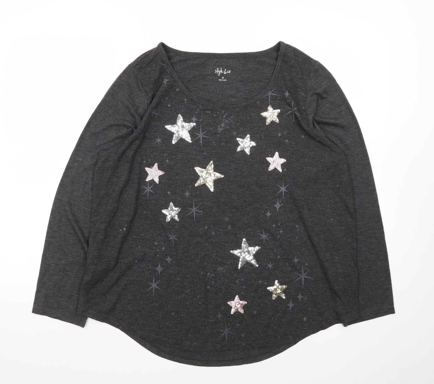 Style & Co Women’s Grey Sequin Star Long Sleeve T-Shirt Size 18 Plus