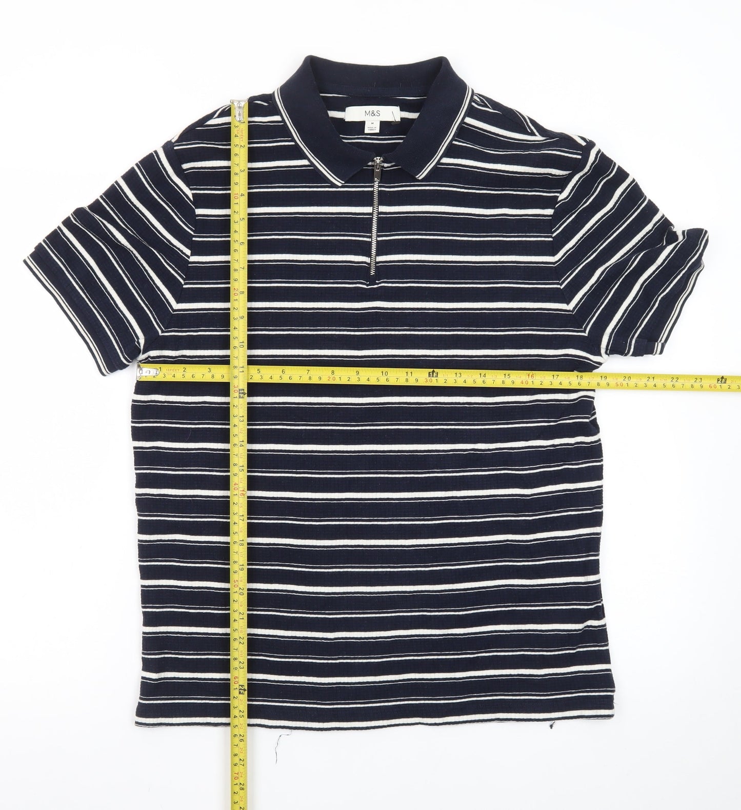 Marks and Spencer Men's Blue Striped 1/4 Zip Polo Shirt M