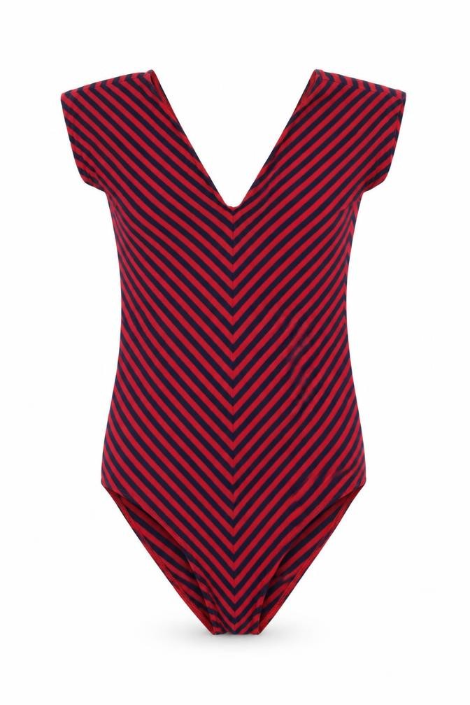 Timestep Womens Red Navy Striped V-Neck Bodysuit Top Size 4