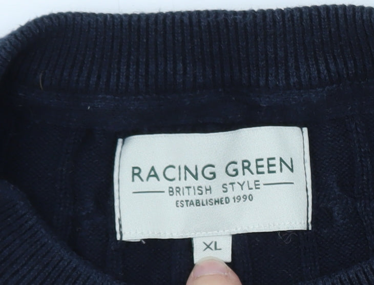 Racing Green Men's Blue Cable-Knit Cotton Jumper XL