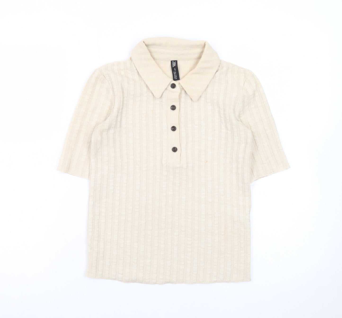 Zara Men’s Beige Collared Knit Short Sleeve Polo Shirt Size S