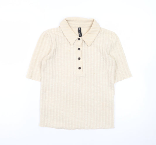Zara Men’s Beige Collared Knit Short Sleeve Polo Shirt Size S