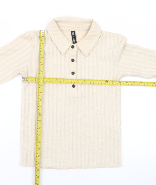 Zara Men’s Beige Collared Knit Short Sleeve Polo Shirt Size S