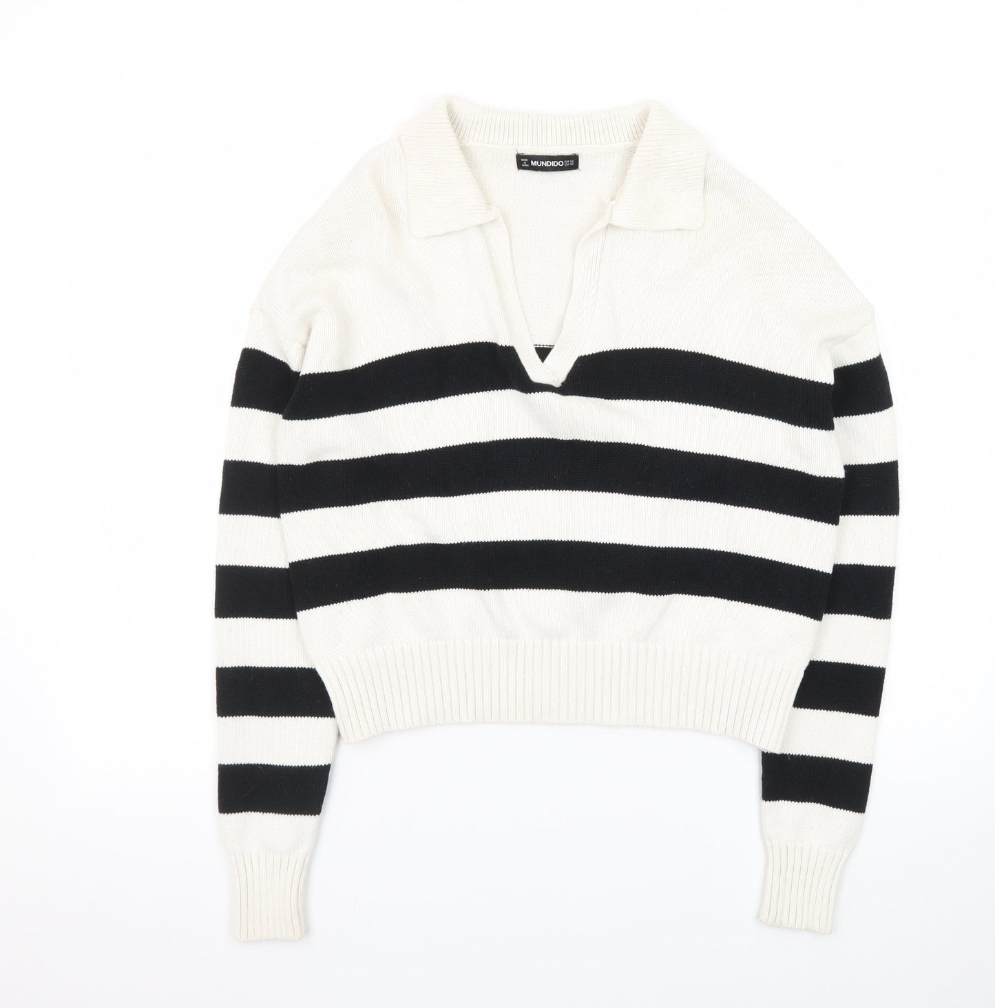 MUNDIDO Women's Black White Striped Collared V-Neck Pullover Jumper XS