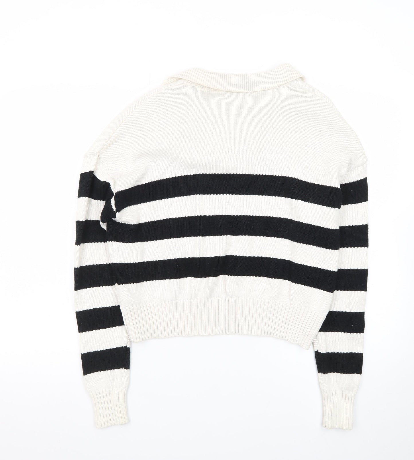 MUNDIDO Women's Black White Striped Collared V-Neck Pullover Jumper XS