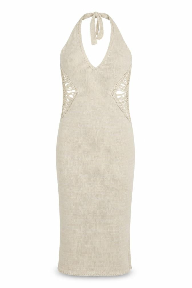 PRETTYLITTLETHING Women Beige Halter Bodycon Knit Midi Dress S