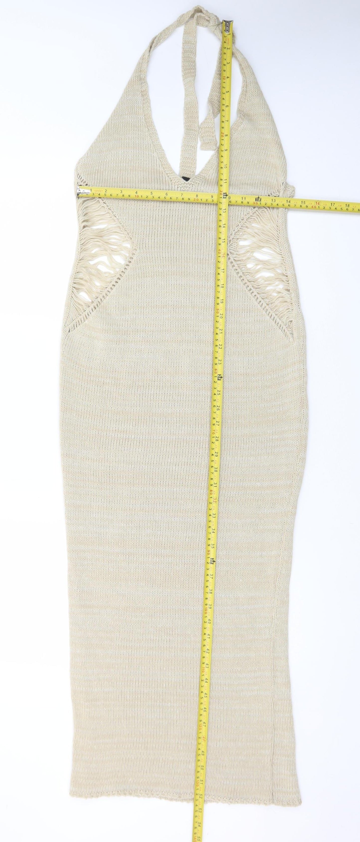 PrettyLittleThing Women Beige Halter Bodycon Knit Midi Dress S