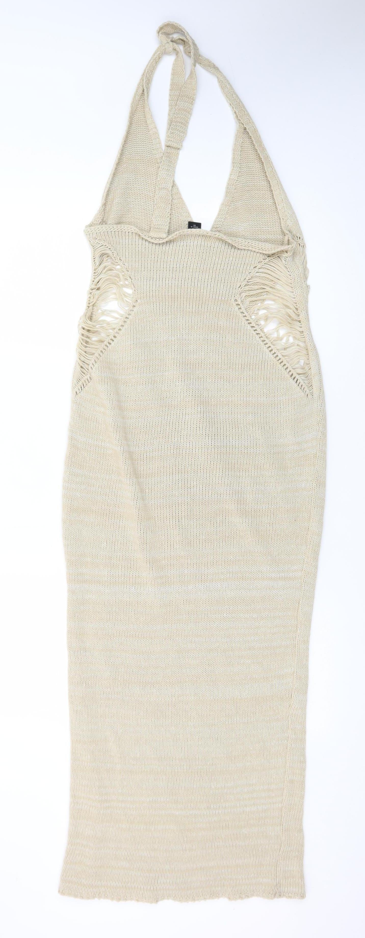 PrettyLittleThing Women Beige Halter Bodycon Knit Midi Dress S