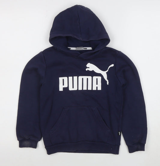 Puma Boys Navy Blue Pullover Hoodie 7-8 Years Logo Print Cotton Blend