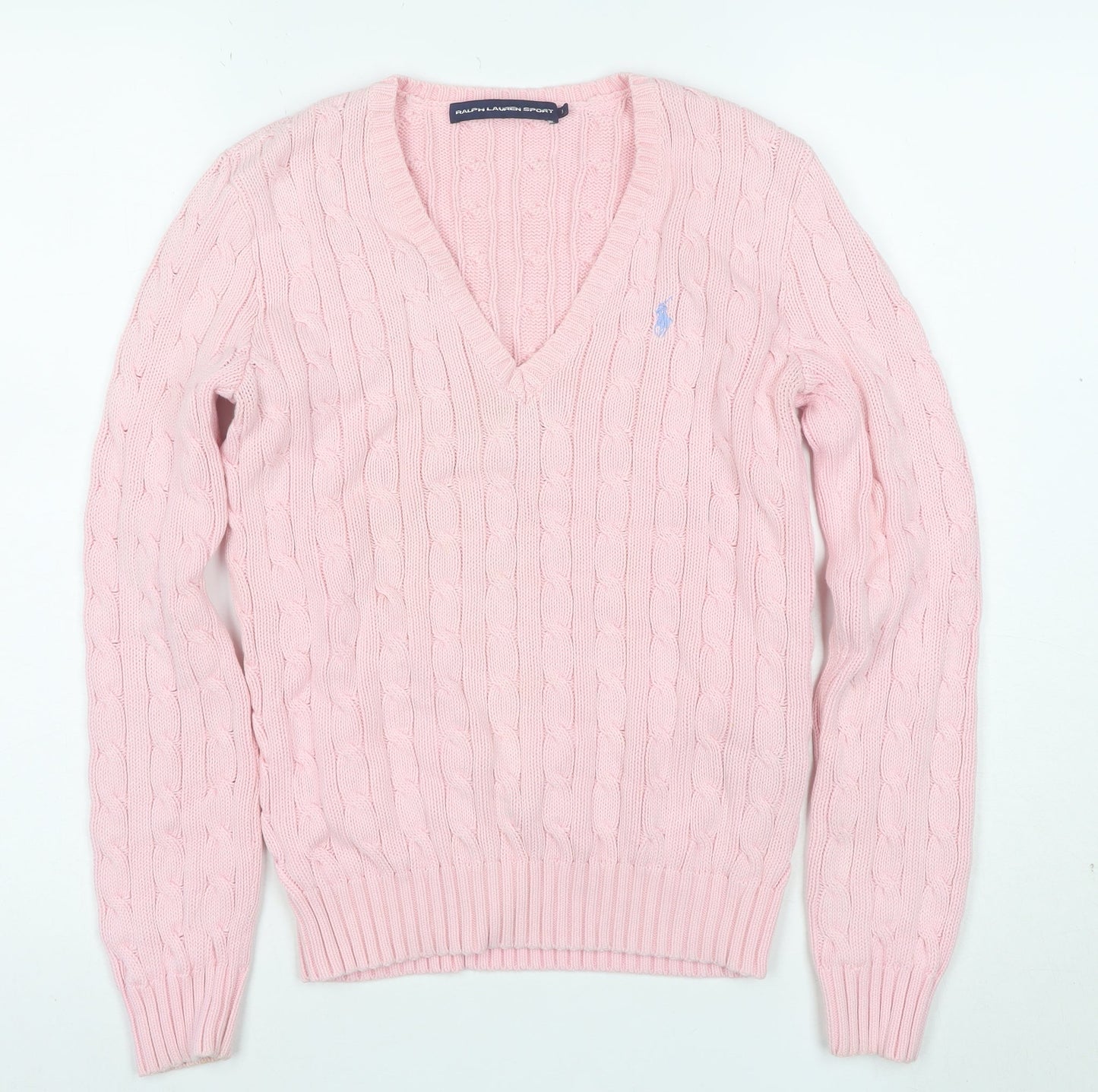 Ralph Lauren Sport Women's Pink Cotton V-Neck Cable Knit Jumper M