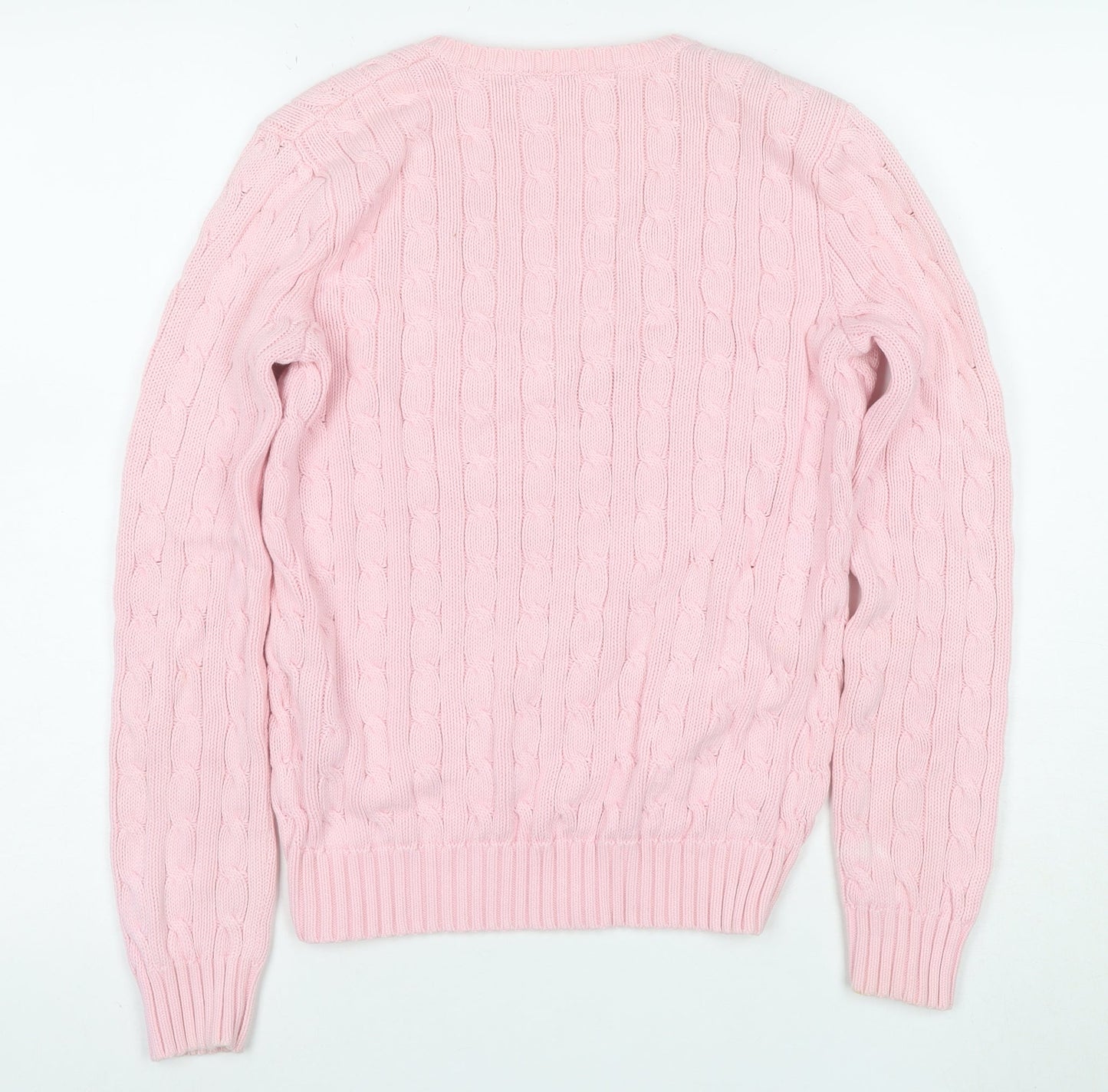 Ralph Lauren Sport Women's Pink Cotton V-Neck Cable Knit Jumper M