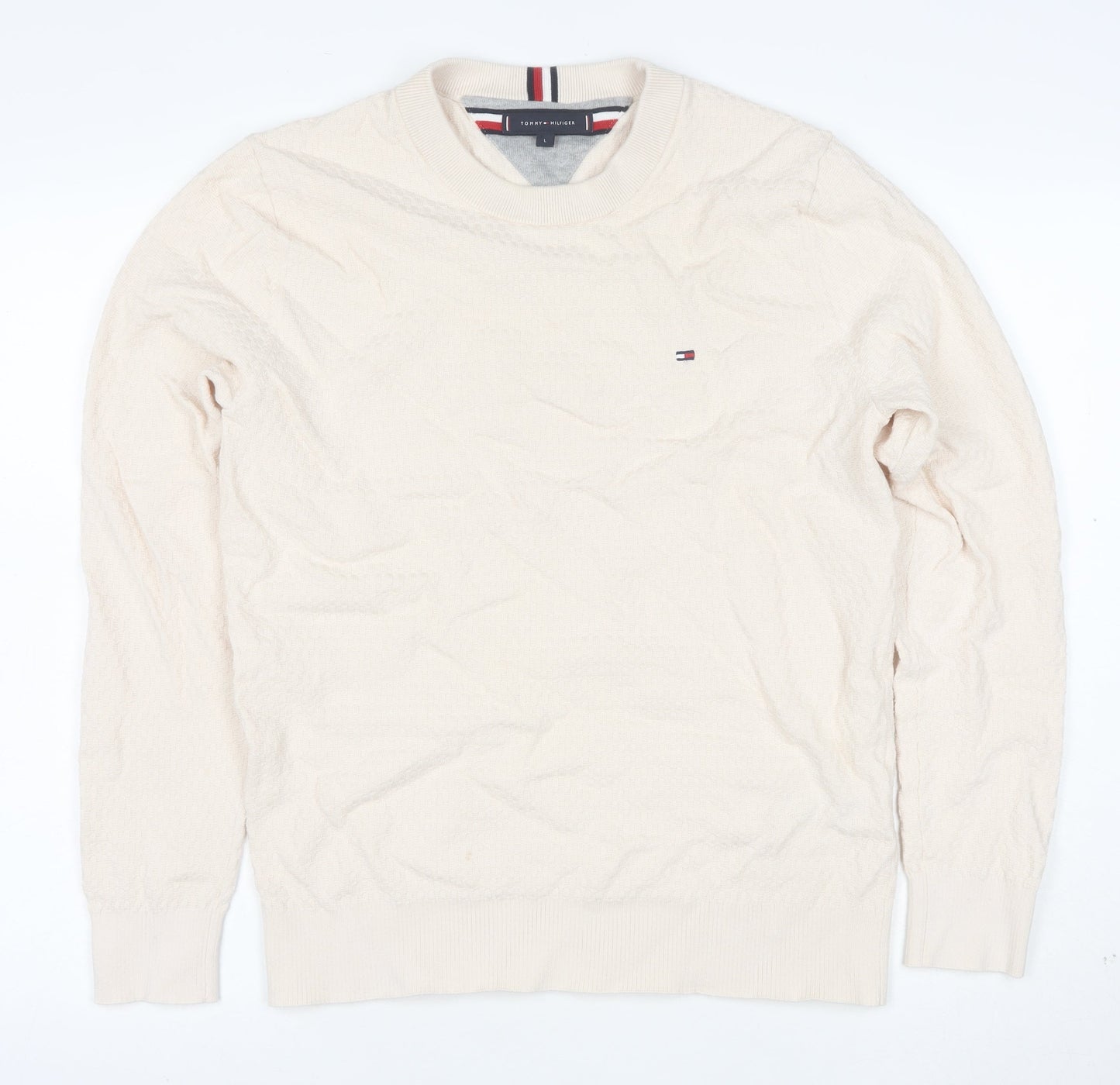 Tommy Hilfiger Men's Beige Cotton Crew Neck Jumper Size L
