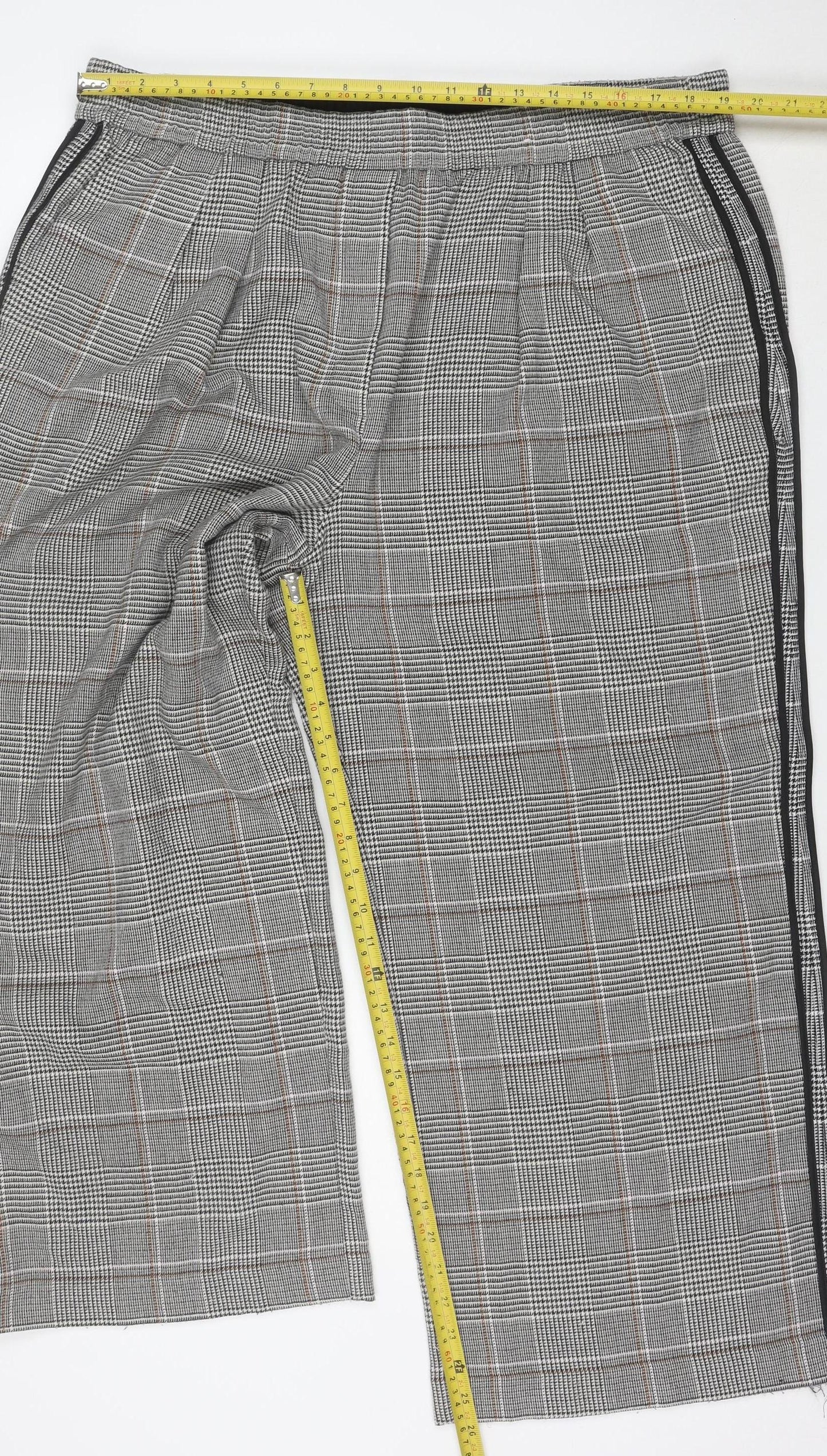 Marks and Spencer Women's Grey Check Elastic Waist Straight Trousers Size 20 Short