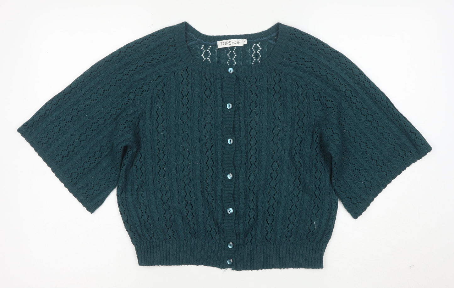 Topshop Women Green Size 8 Short Sleeve Button Cardigan