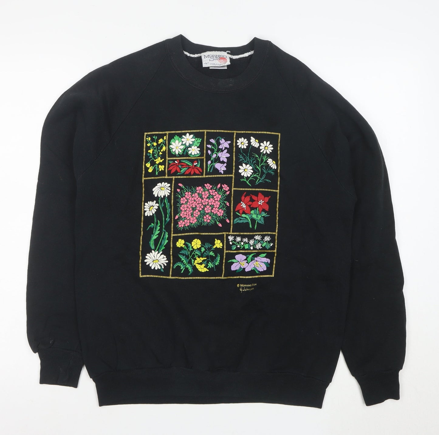Morning Sun Unisex Black L Pullover Floral Embroidered Sweatshirt