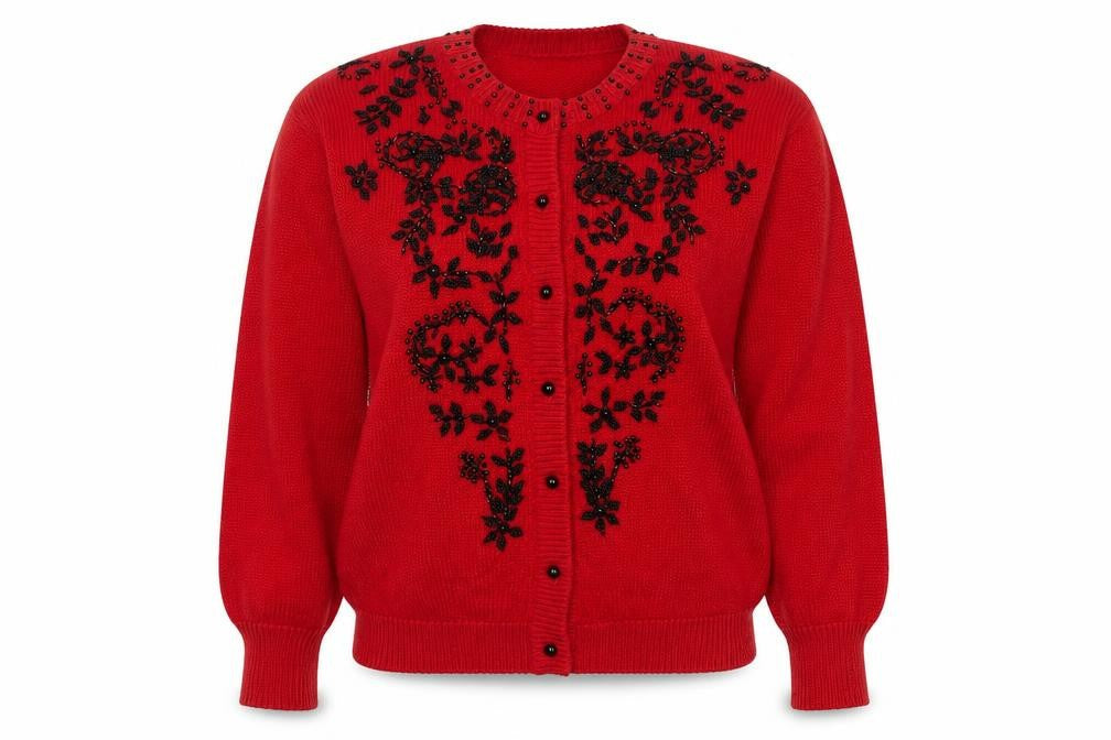 Dana Scott Women Red Beaded Floral Knit Cardigan Jumper Size S