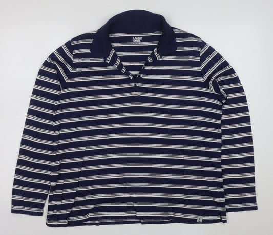 Lands' End Men's Blue Striped Long Sleeve Cotton Polo Shirt L