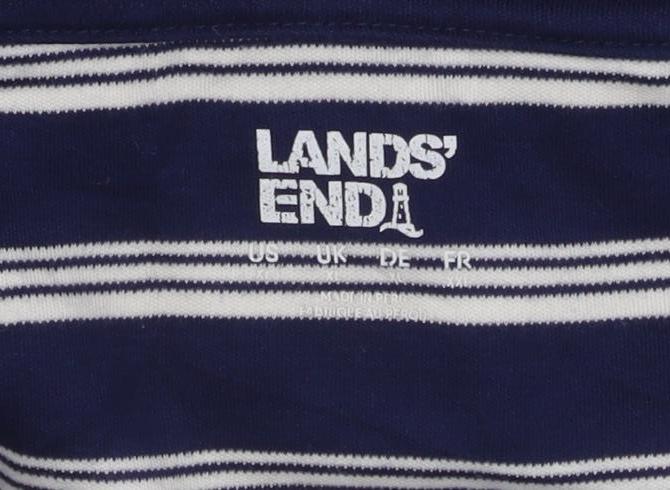 Lands' End Men's Blue Striped Long Sleeve Cotton Polo Shirt L