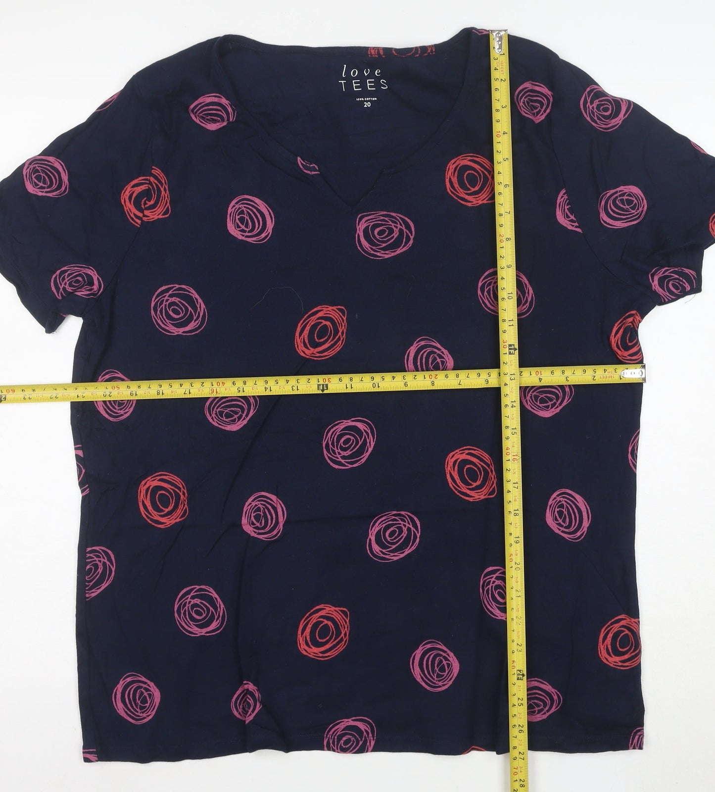 Love Tees Women's Blue Pink Print V-Neck Cotton T-Shirt Size 20
