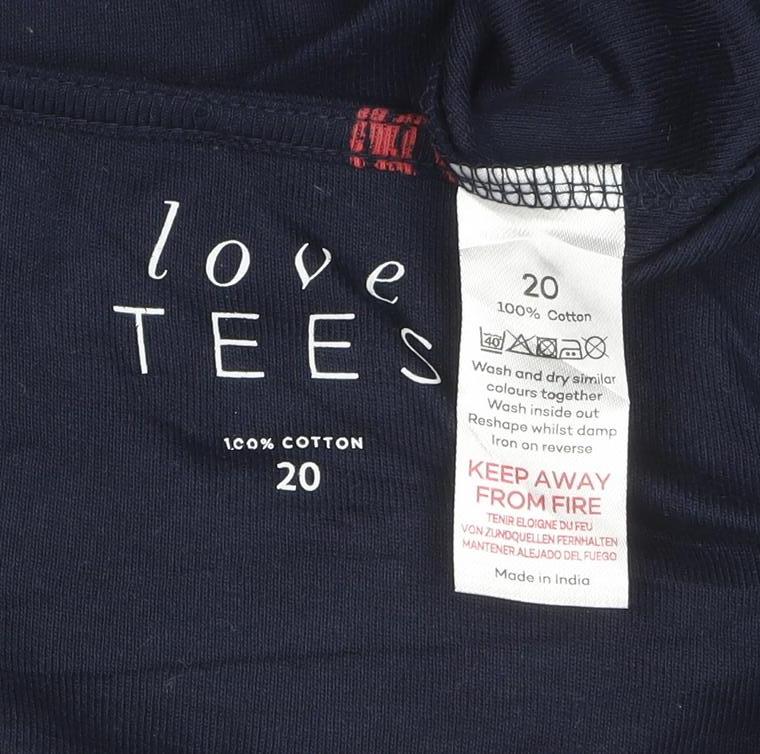Love Tees Women's Blue Pink Print V-Neck Cotton T-Shirt Size 20