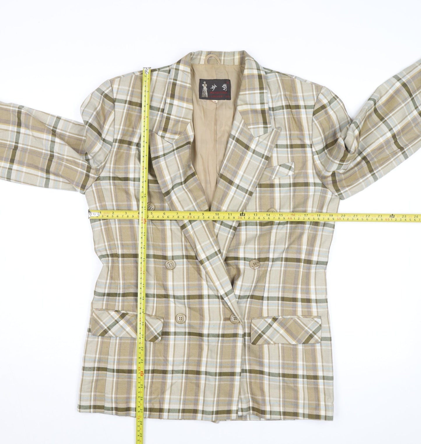 Miaoying Men's Beige Check Blazer M Regular Fit Business Jacket