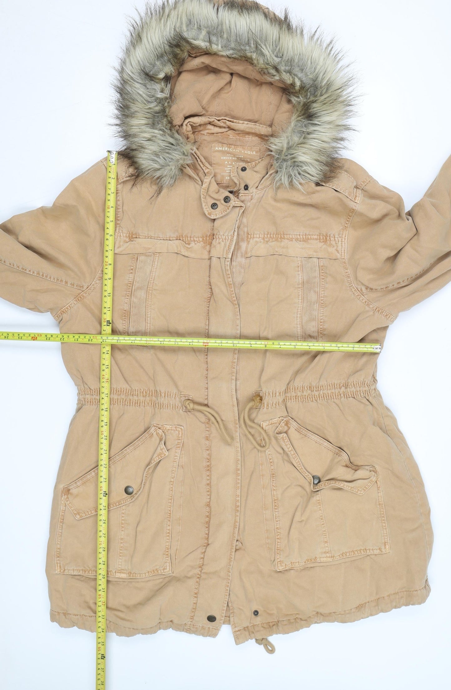 American Eagle Men's Beige 2XL Parka Coat Hooded Faux Fur Trim Winter Jacket