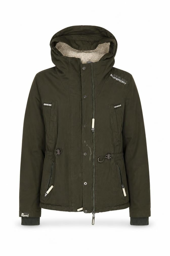 Front view of Superdry girls’ green xl hooded lined microfibre parka coat