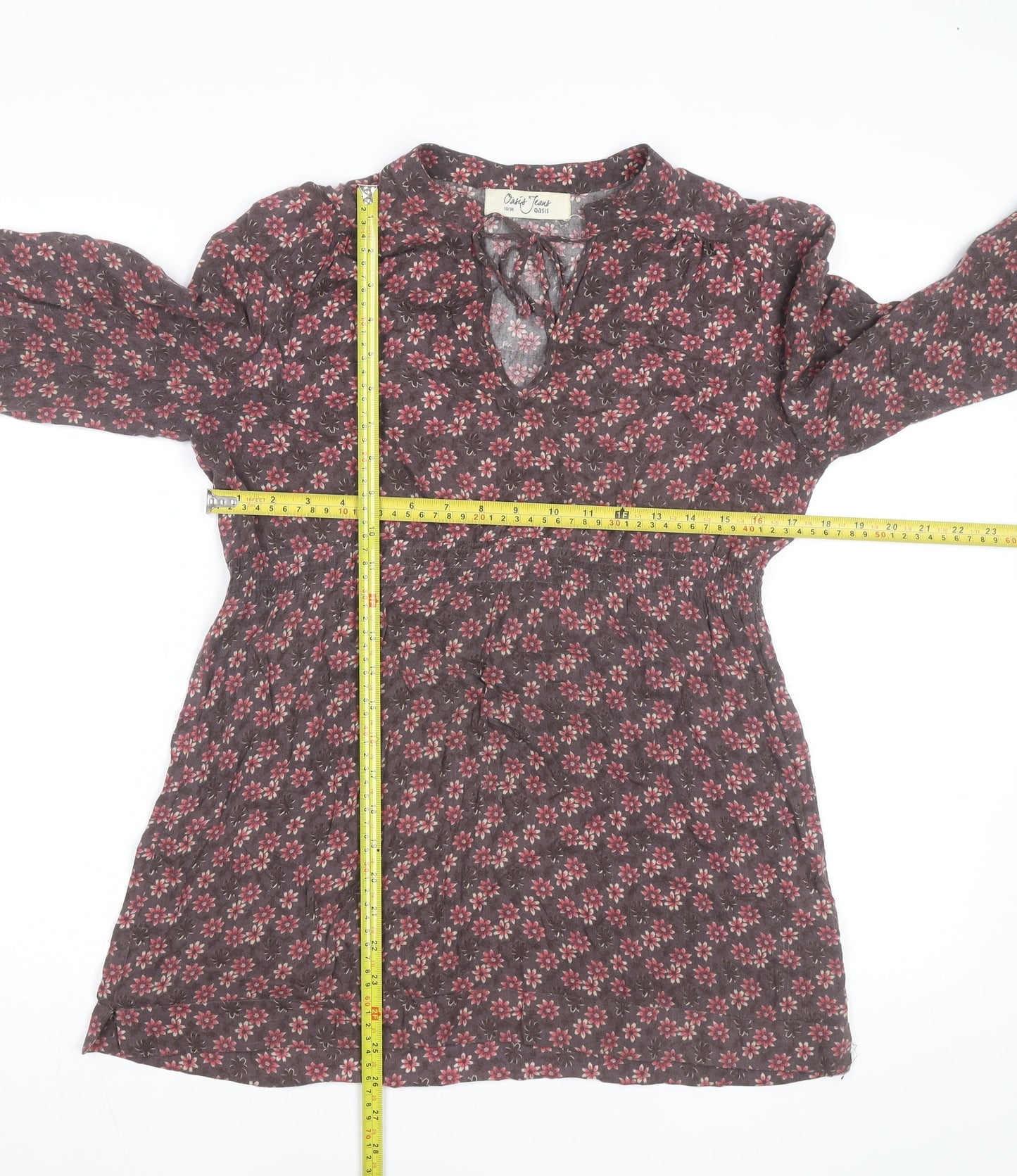 Oasis Women Brown Floral Long Sleeve Tunic Blouse Size 10