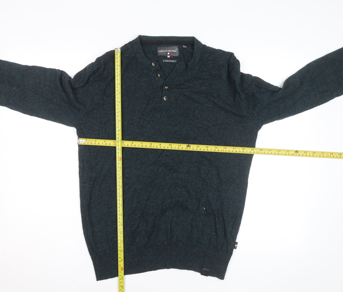 Superdry Mens Green Henley Knit Jumper Size L Long Sleeve Casual