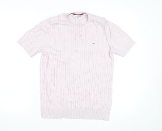 Tommy Hilfiger Men's Pink Cable Knit Cotton Short Sleeve Jumper M