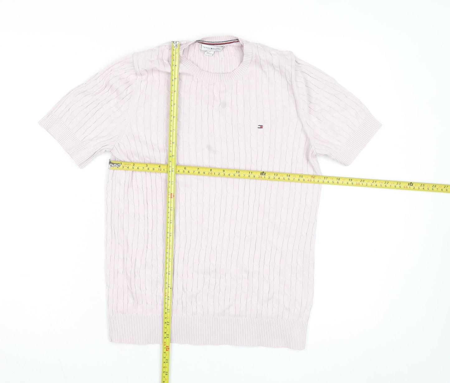 Tommy Hilfiger Men's Pink Cable Knit Cotton Short Sleeve Jumper M
