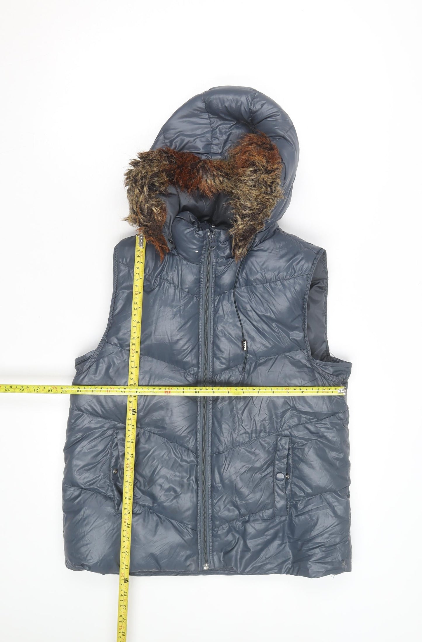 Gap Men's Blue Hooded Puffer Gilet M Faux Fur Trim Winter Waistcoat