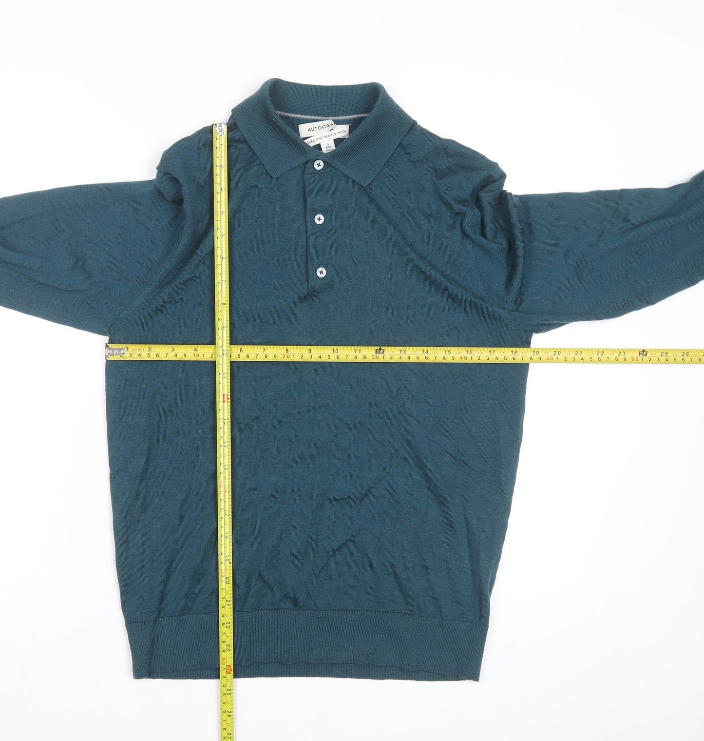 Marks and Spencer Autograph Men's Teal Merino Wool Long Sleeve Polo Shirt Size S