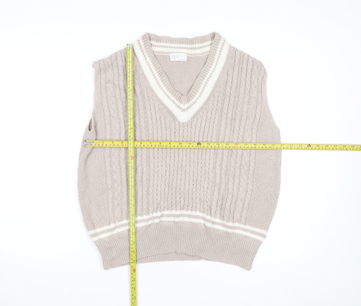 Mongcode Women Beige Cable-Knit V-Neck Sleeveless Jumper Vest M