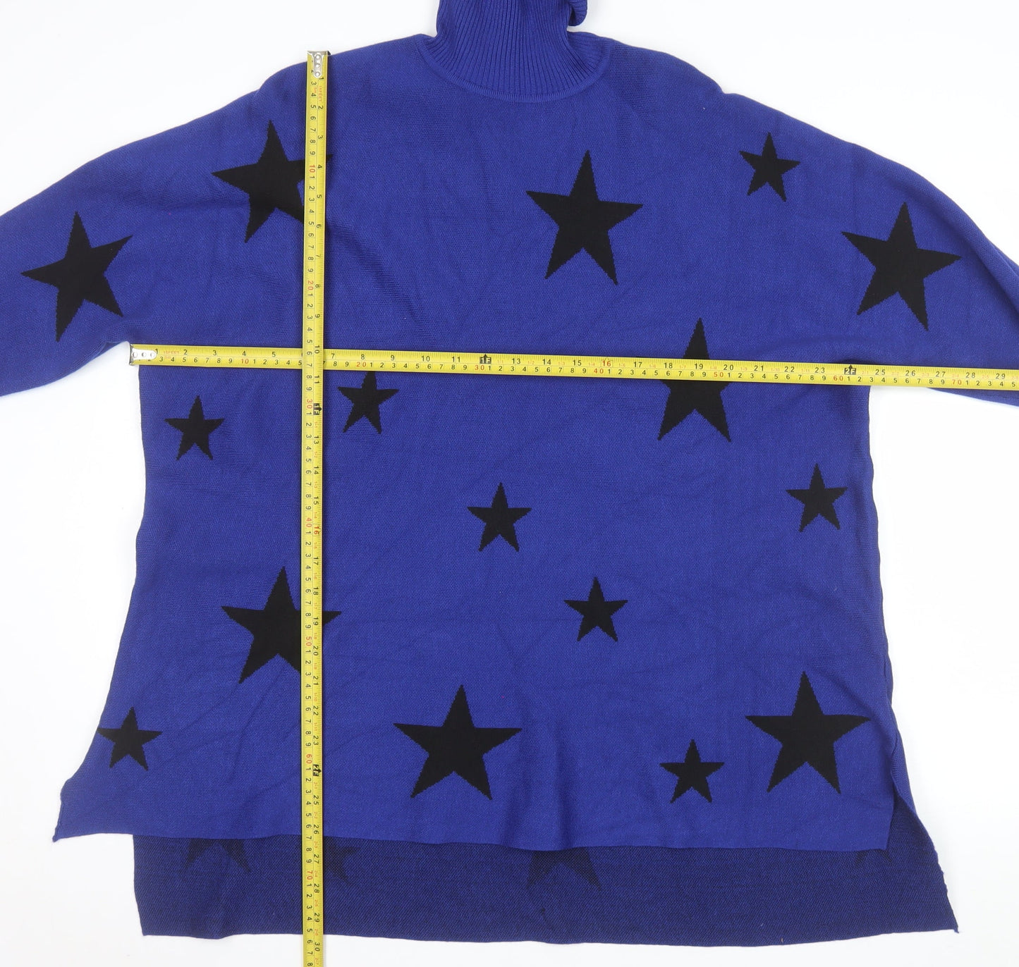 Colour Eighteen Women Blue Star Roll Neck Long Sleeve Relaxed Jumper M