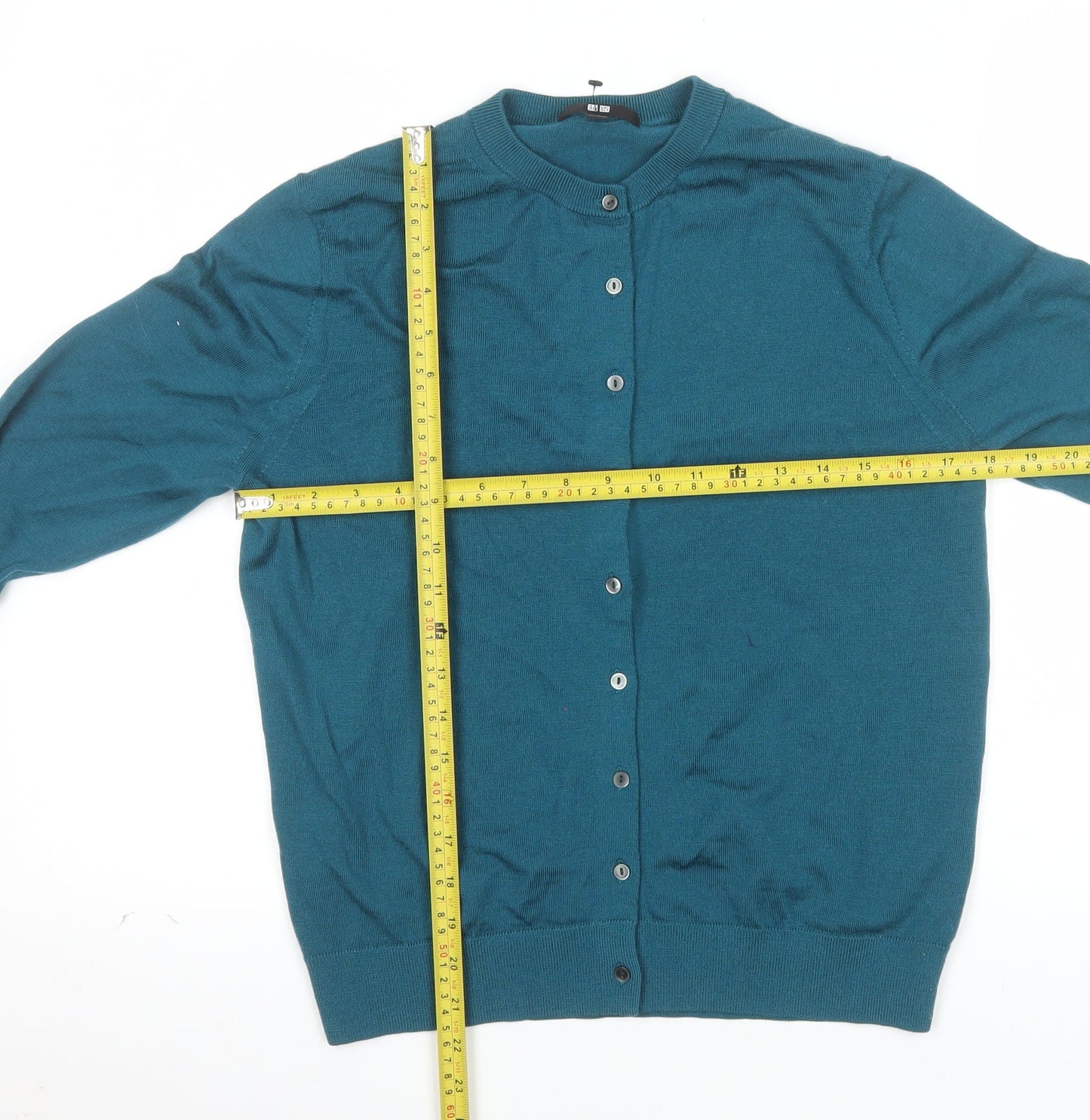 Uniqlo Women's Green Lambswool Cardigan M Crew Neck
