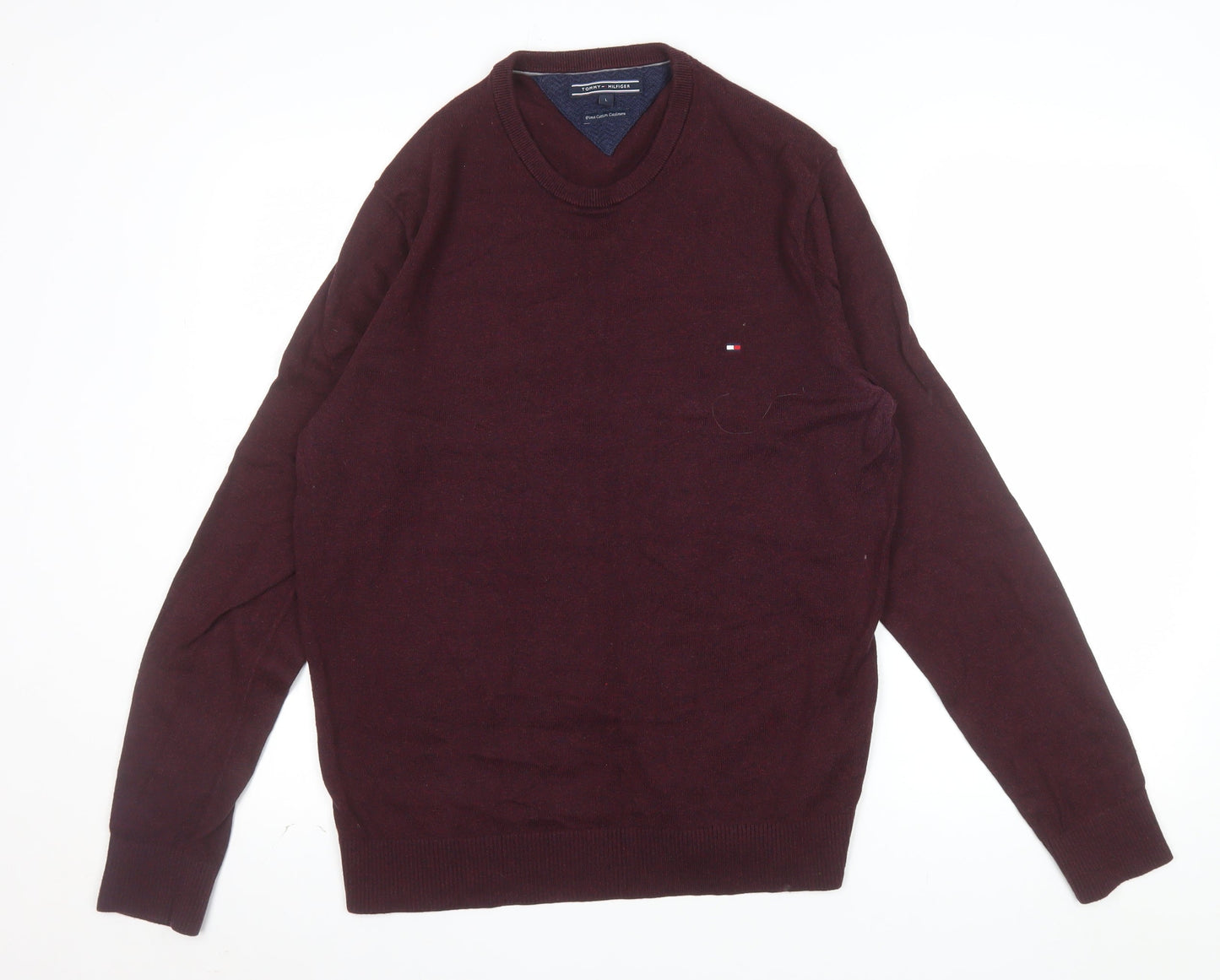 Tommy Hilfiger Men's Burgundy L Pullover Jumper Pima Cotton Cashmere Crew Neck