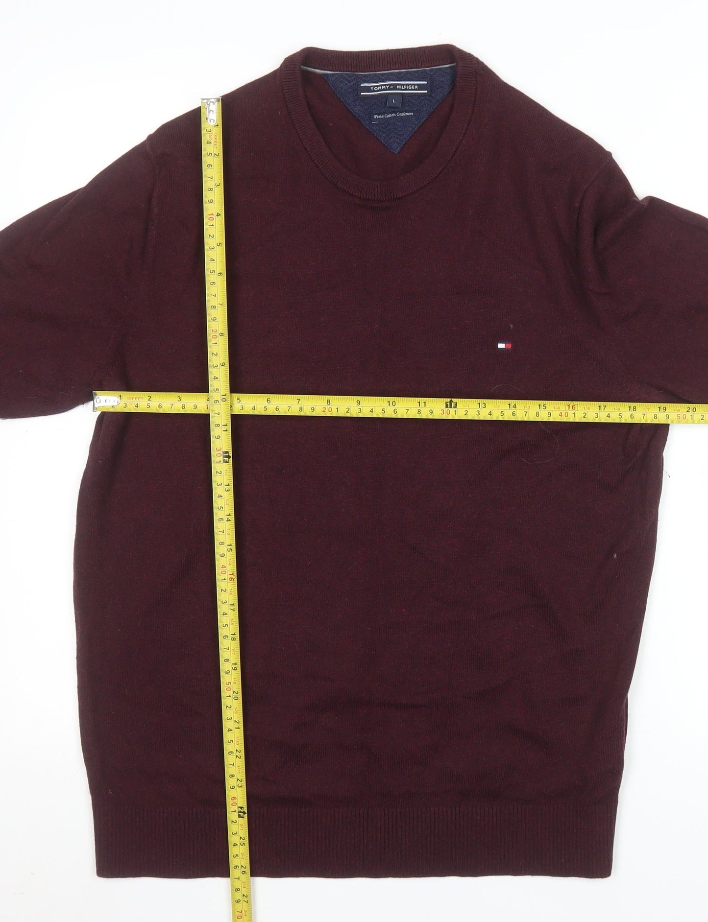 Tommy Hilfiger Men's Burgundy L Pullover Jumper Pima Cotton Cashmere Crew Neck
