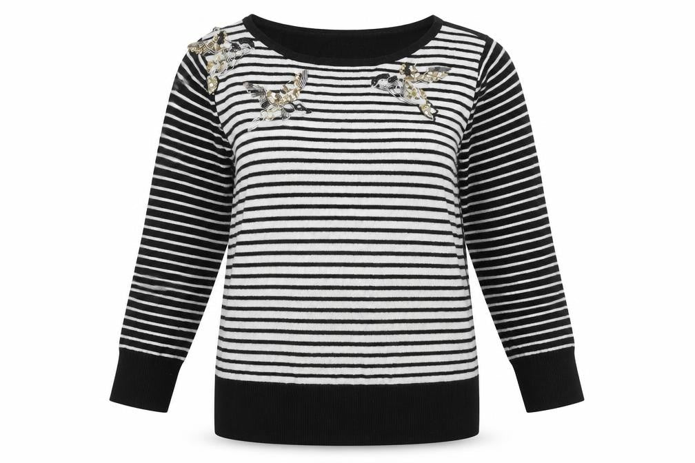 Oasis Women’s Black Striped Bird Jumper L Embroidered Sequin Knit