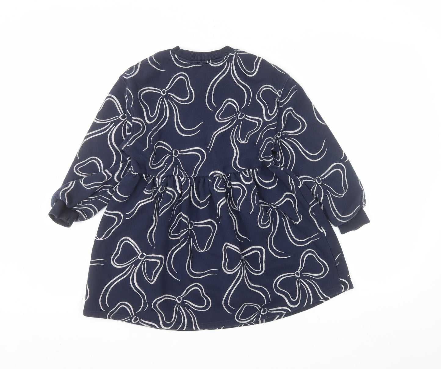 Marks and Spencer Girls Blue Bow Print Long Sleeve Jersey Dress 7-8 Years