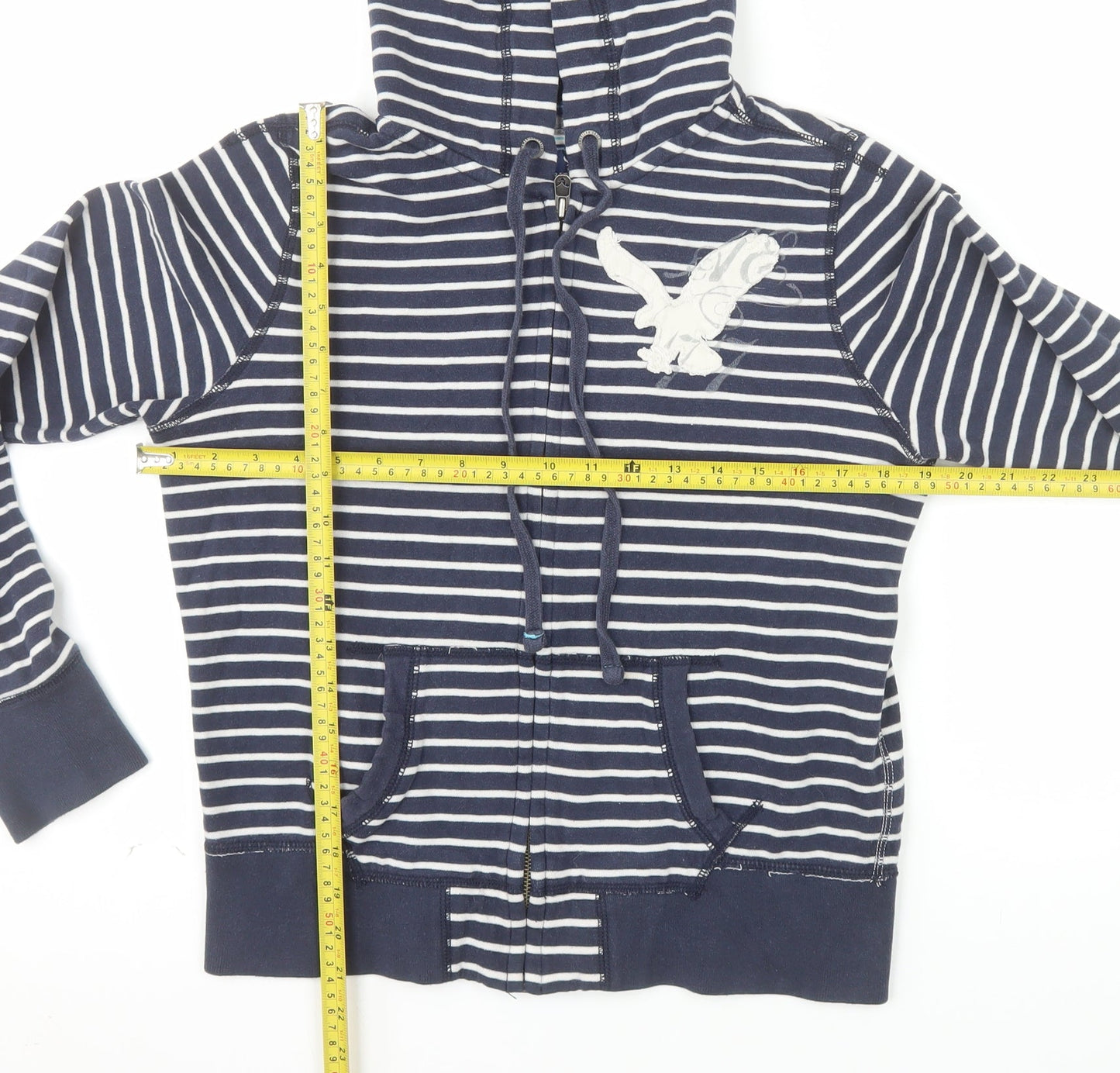 American Eagle Outfitters Women Navy Blue Striped Full Zip Hoodie Size M