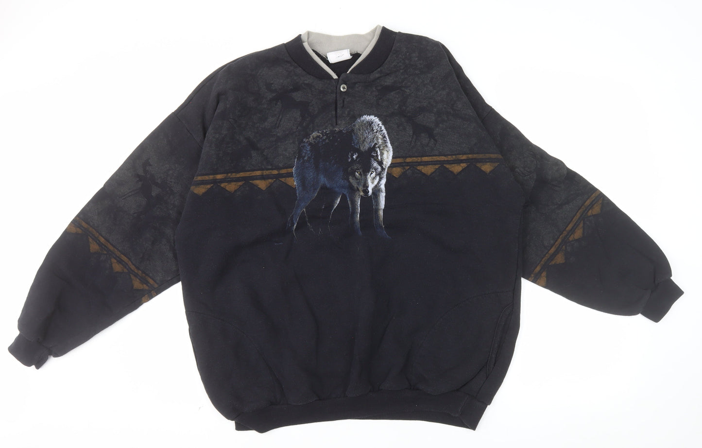 Artisans Sunschein Designs Men’s Black Wolf Graphic Henley Sweatshirt XL